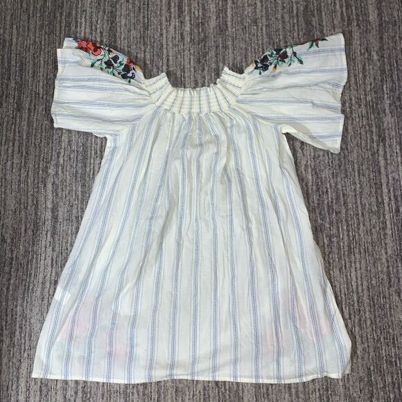Womens Medium Embroidered‎ Mini Dress White Stripe Off The Shoulder Cotton Boho - Picture 5 of 5